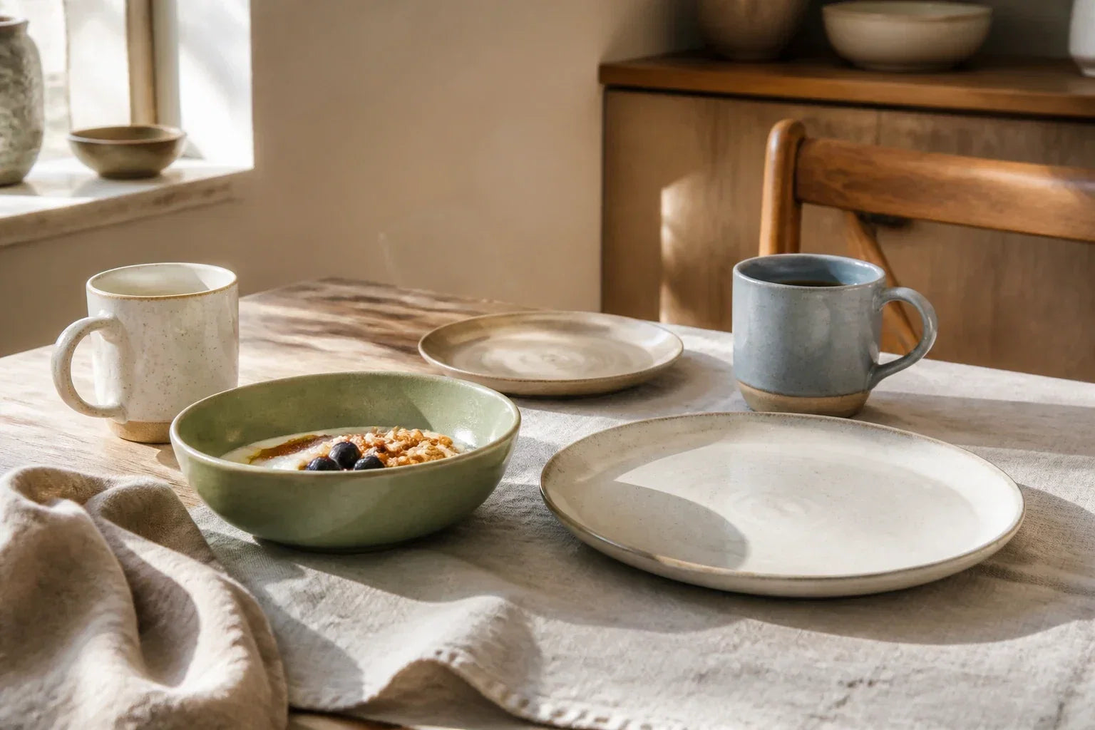 Stoneware-style bowls, plates and two mugs on a linen-covered timber breakfast table in soft morning light.