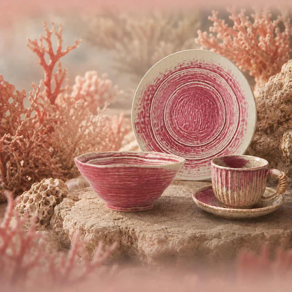 Coral ceramic dinnerware collection inspired by ocean reefs, featuring warm coral-toned ceramic plates, bowls and cups.
