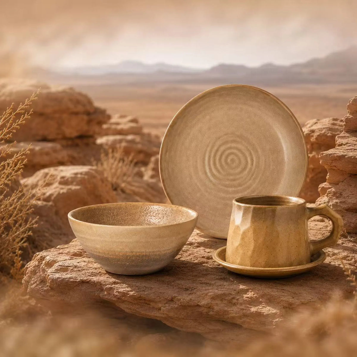 Desert ceramic dinnerware collection inspired by sunlit desert terrain, featuring earthy beige ceramic plates, bowls and cups.