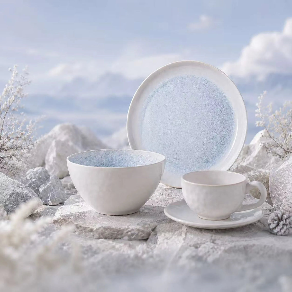Snow ceramic dinnerware collection inspired by snowy landscapes, featuring minimalist white ceramic plates, bowls and cups.