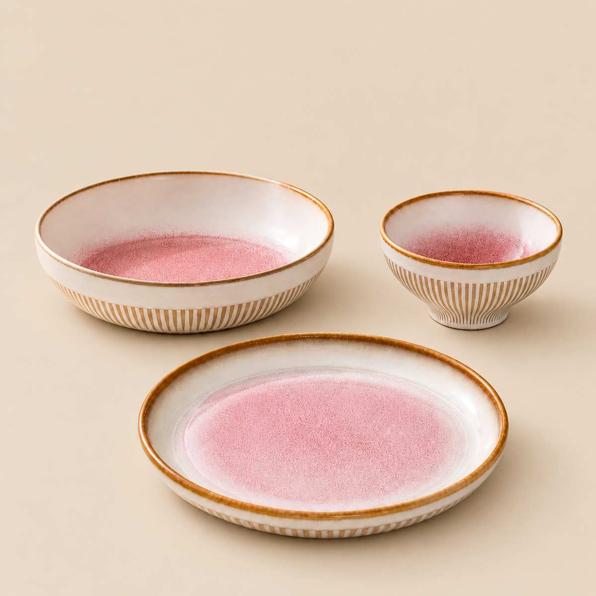 Coral Mist ceramic tableware bundle with plates and bowls in a soft pink glaze