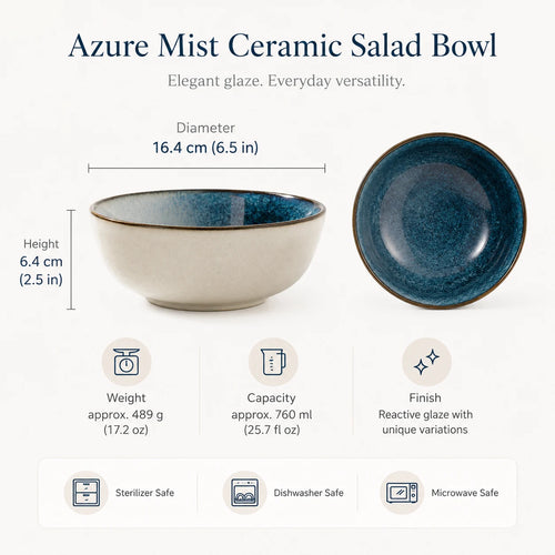 Azure Mist Ceramic Salad Bowl size and dimensions