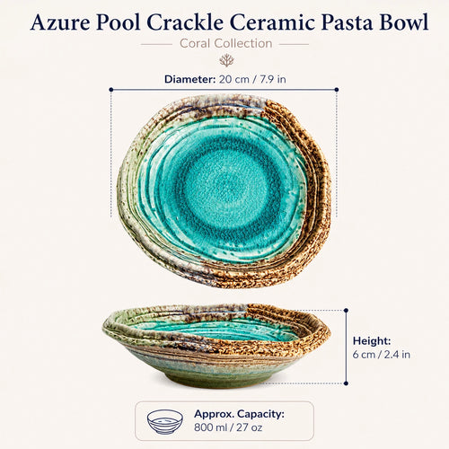 Azure Pool Crackle Ceramic Pasta Bowl size and dimensions