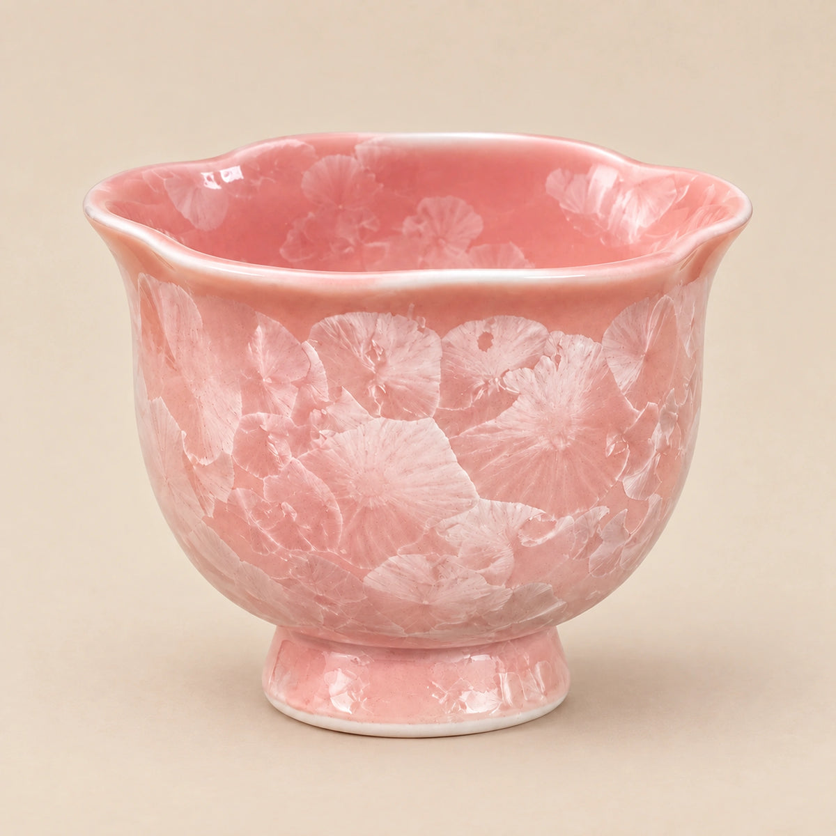 Blush pink ceramic footed tea cup with pearl white detail