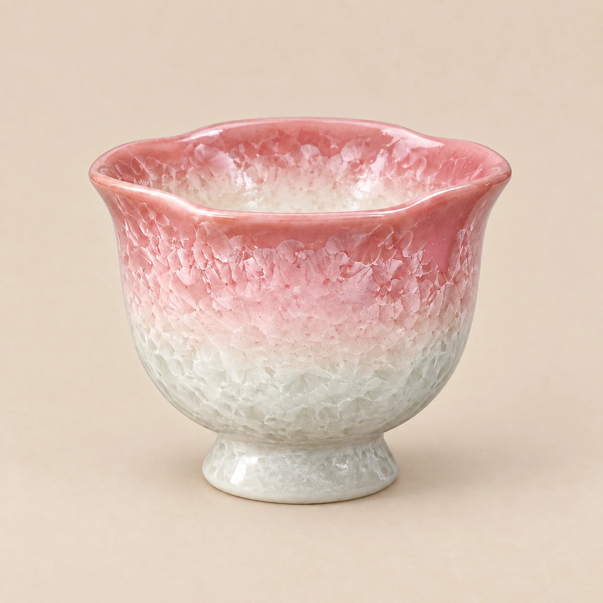Blush pink ceramic footed tea cup with pearl white detail