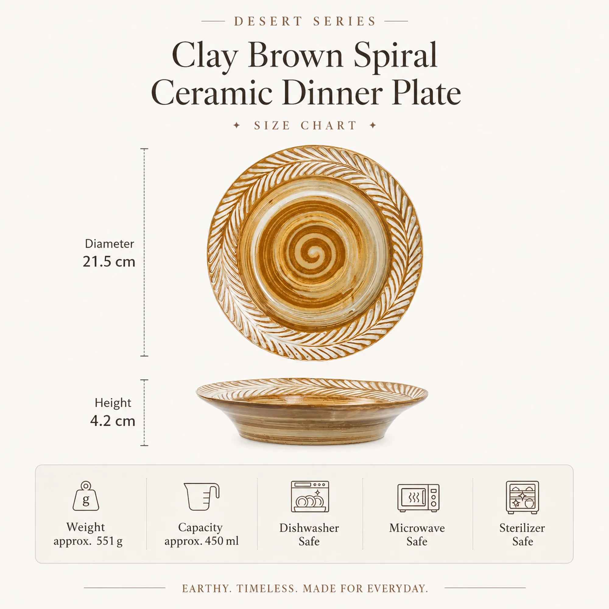 Dimensions of clay brown spiral ceramic dinner plate