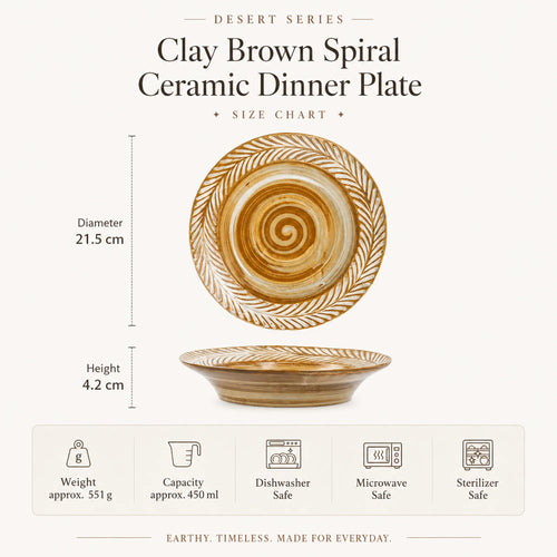 Dimensions of clay brown spiral ceramic dinner plate