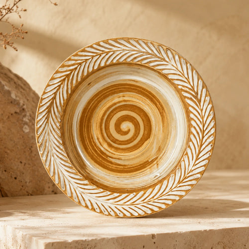 Clay brown spiral ceramic dinner plate with earthy ceramic texture