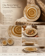 Detailed overview infographic of clay brown ceramic dinner plate featuring spiral texture, rustic dining atmosphere, and product dimensions