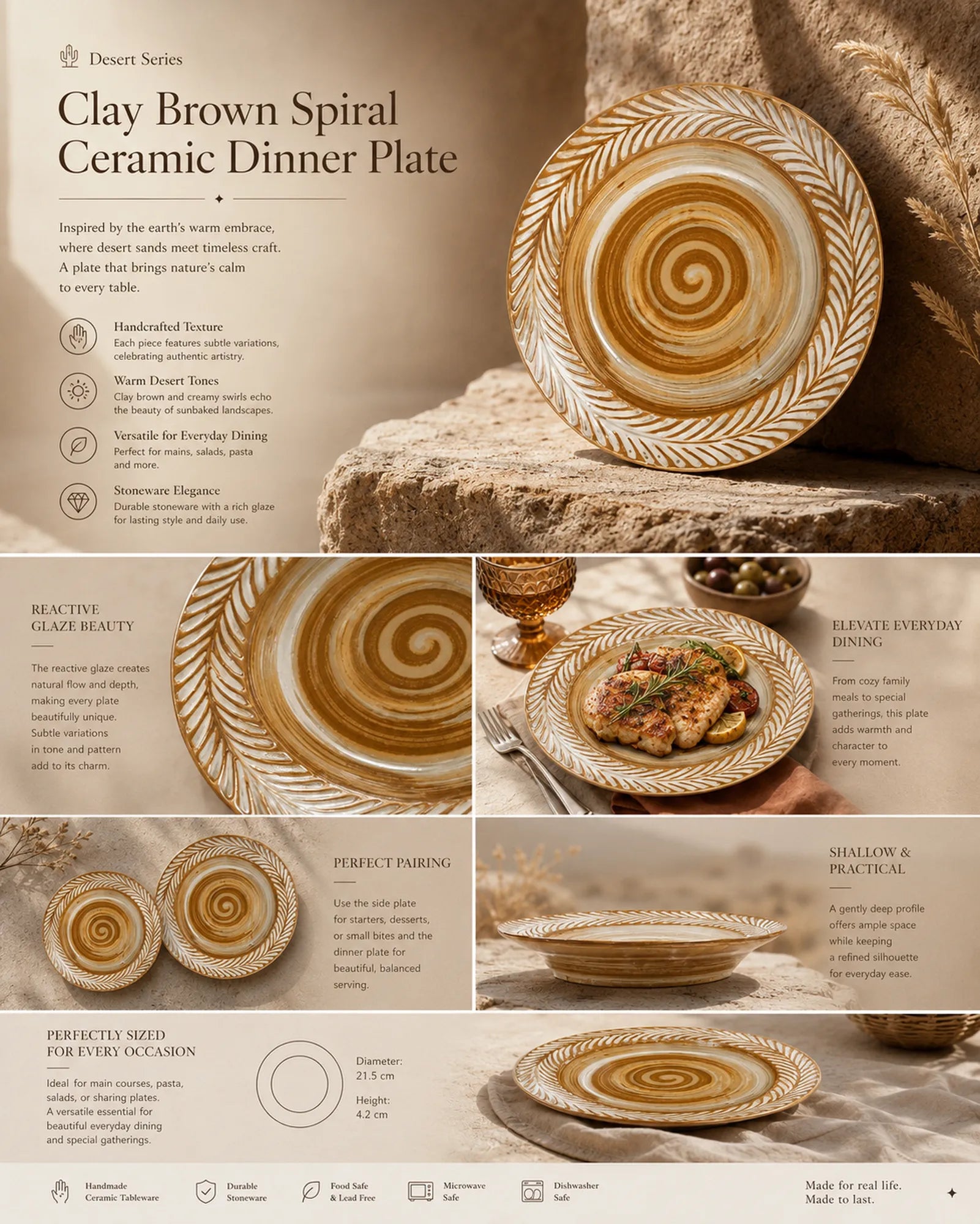 Detailed overview infographic of clay brown ceramic dinner plate featuring spiral texture, rustic dining atmosphere, and product dimensions