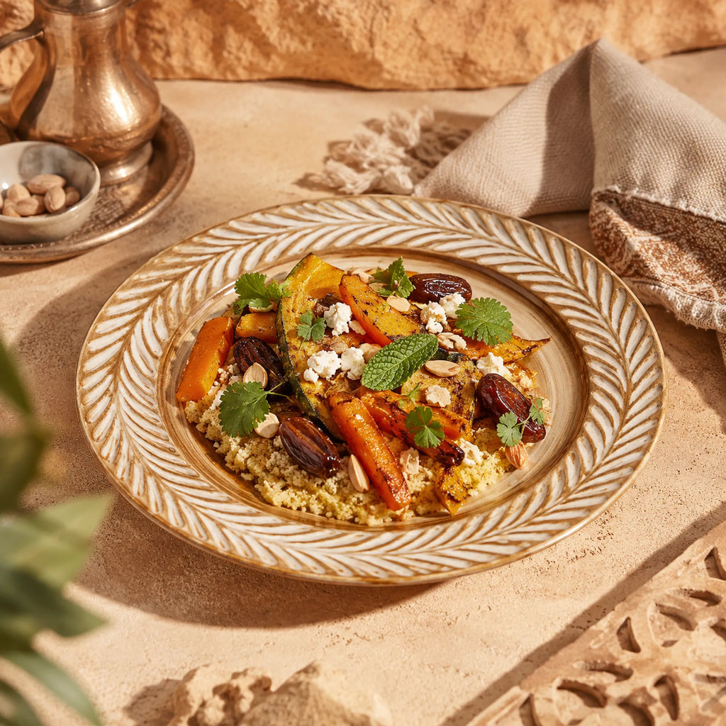 Clay brown ceramic dinner plate styled with plated cuisine
