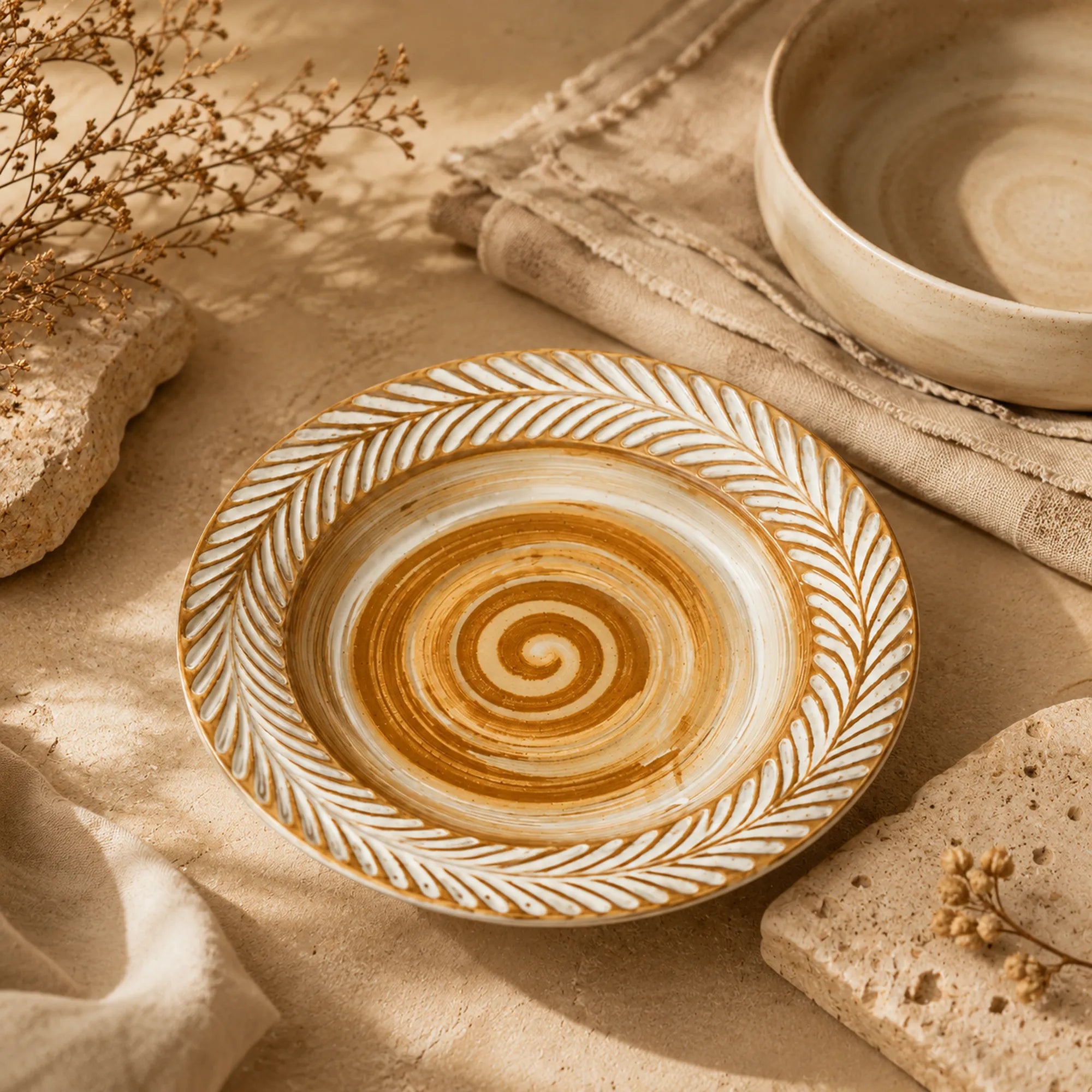 Clay brown ceramic dinnerware styled on a rustic dining table