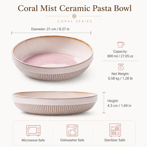 Coral Mist Ceramic Pasta Bowl size and dimensions