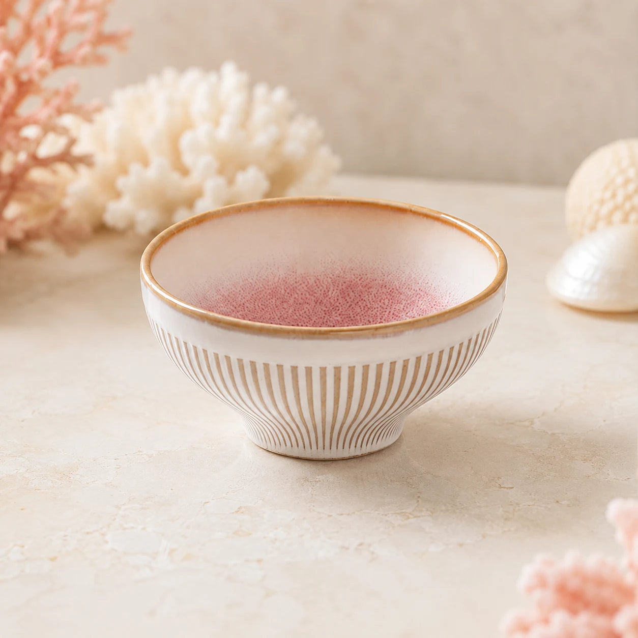 Coral Mist Ceramic Rice Bowl styled on a table