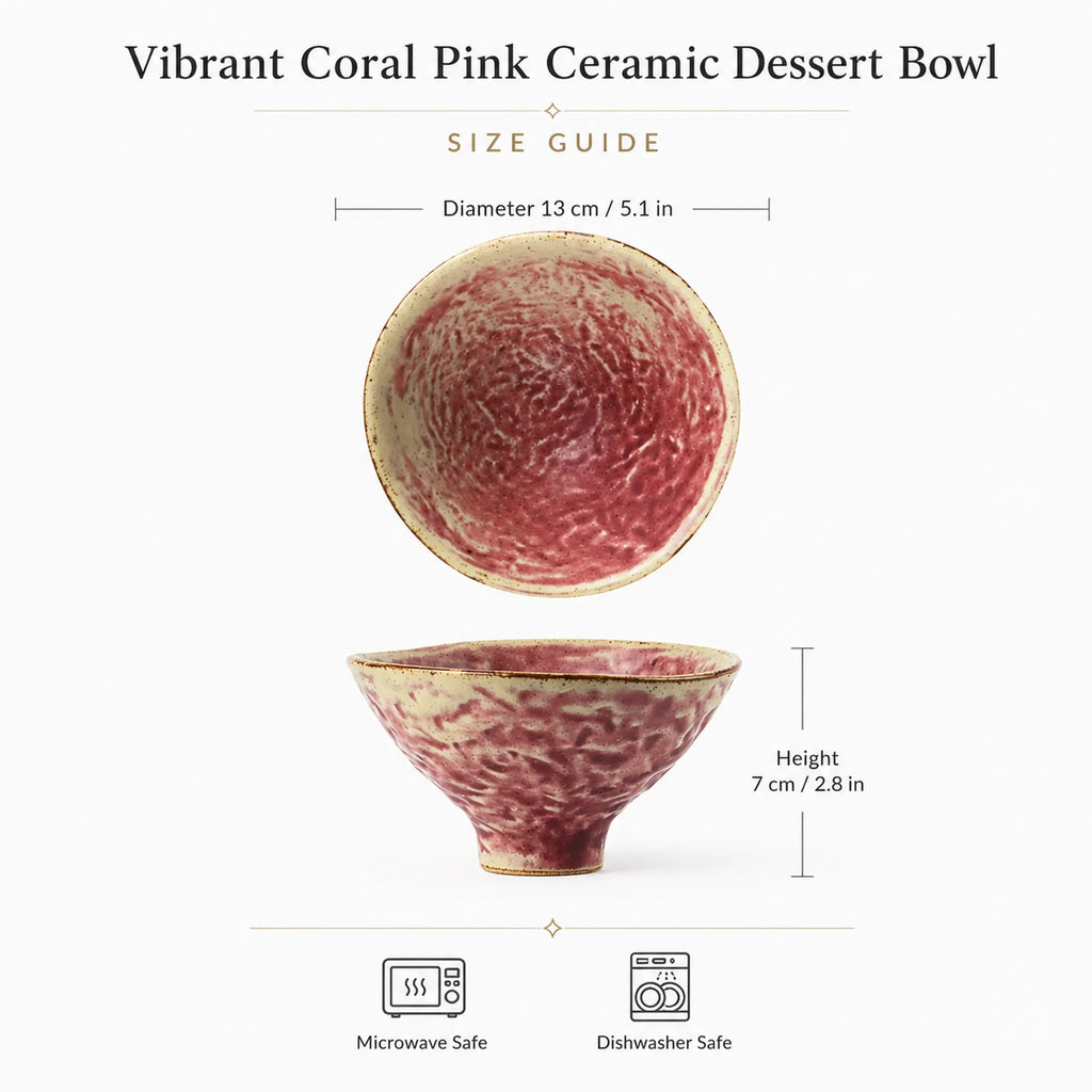 Dimensions of vibrant coral pink ceramic dessert bowl