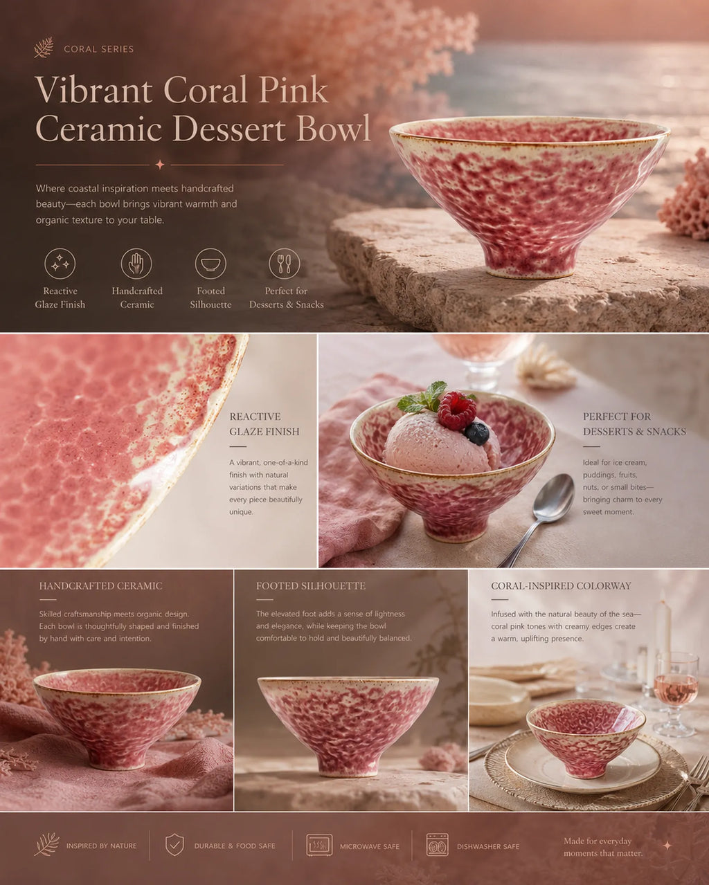 Detailed overview infographic of coral pink ceramic dessert bowl featuring soft glaze finish, dessert styling, and product dimensions