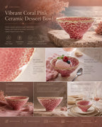 Detailed overview infographic of coral pink ceramic dessert bowl featuring soft glaze finish, dessert styling, and product dimensions