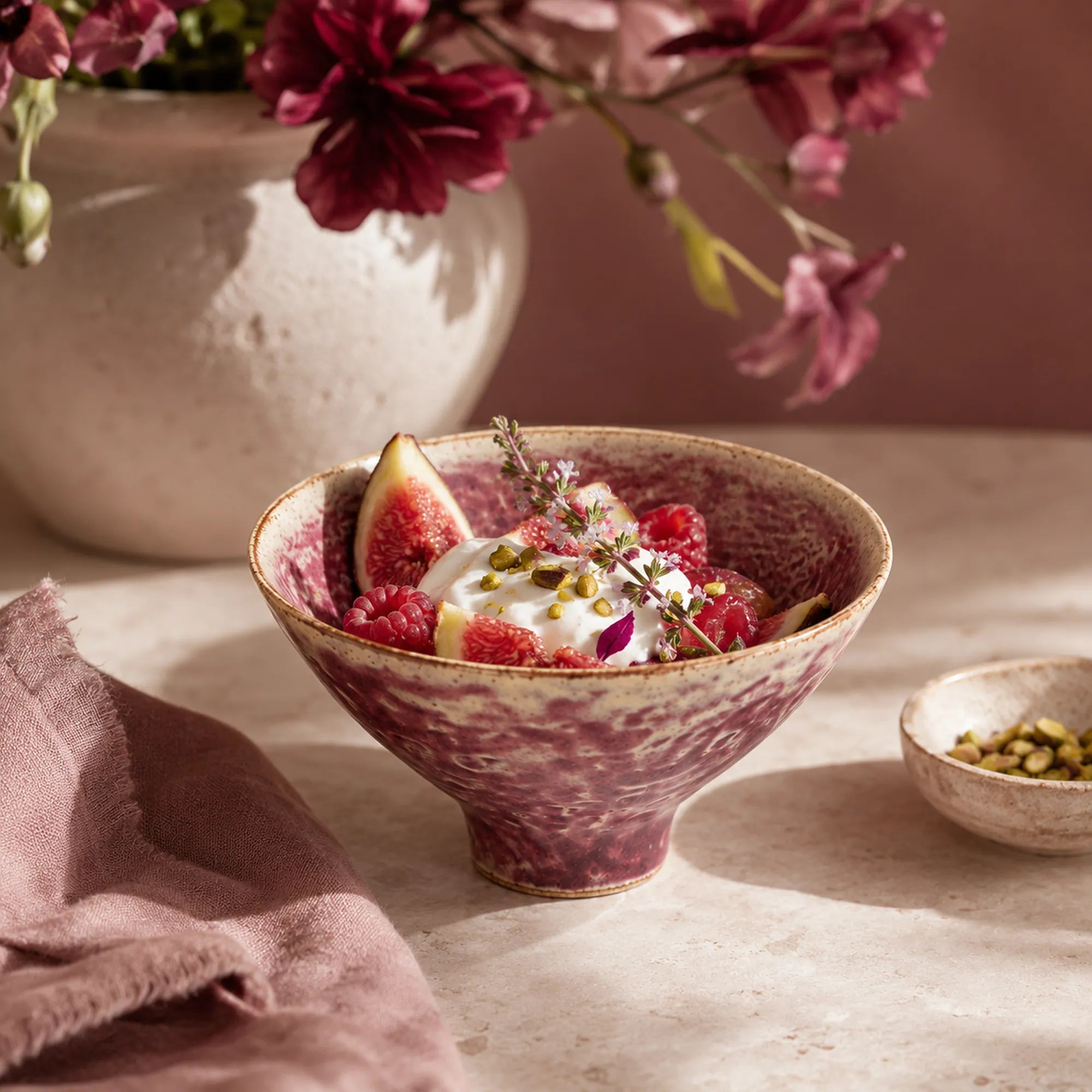Coral pink ceramic dessert bowl styled with desserts
