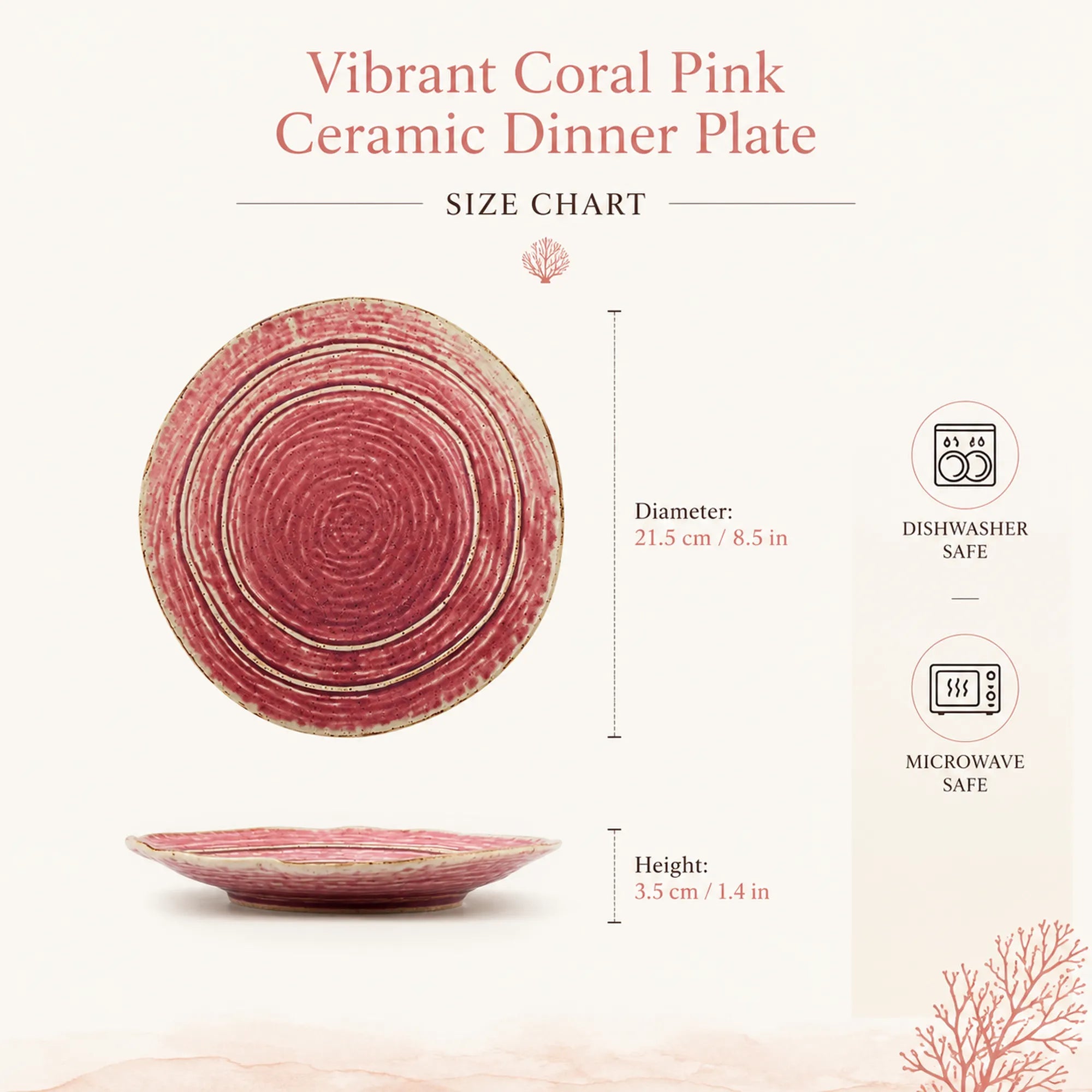 Dimensions of vibrant coral pink ceramic dinner plate