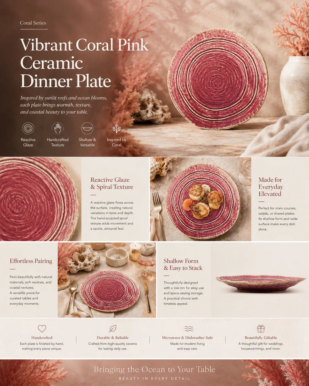 Detailed overview infographic of coral pink ceramic dinner plate featuring glossy glaze texture, dining atmosphere, and product dimensions