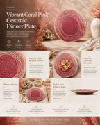 Detailed overview infographic of coral pink ceramic dinner plate featuring glossy glaze texture, dining atmosphere, and product dimensions