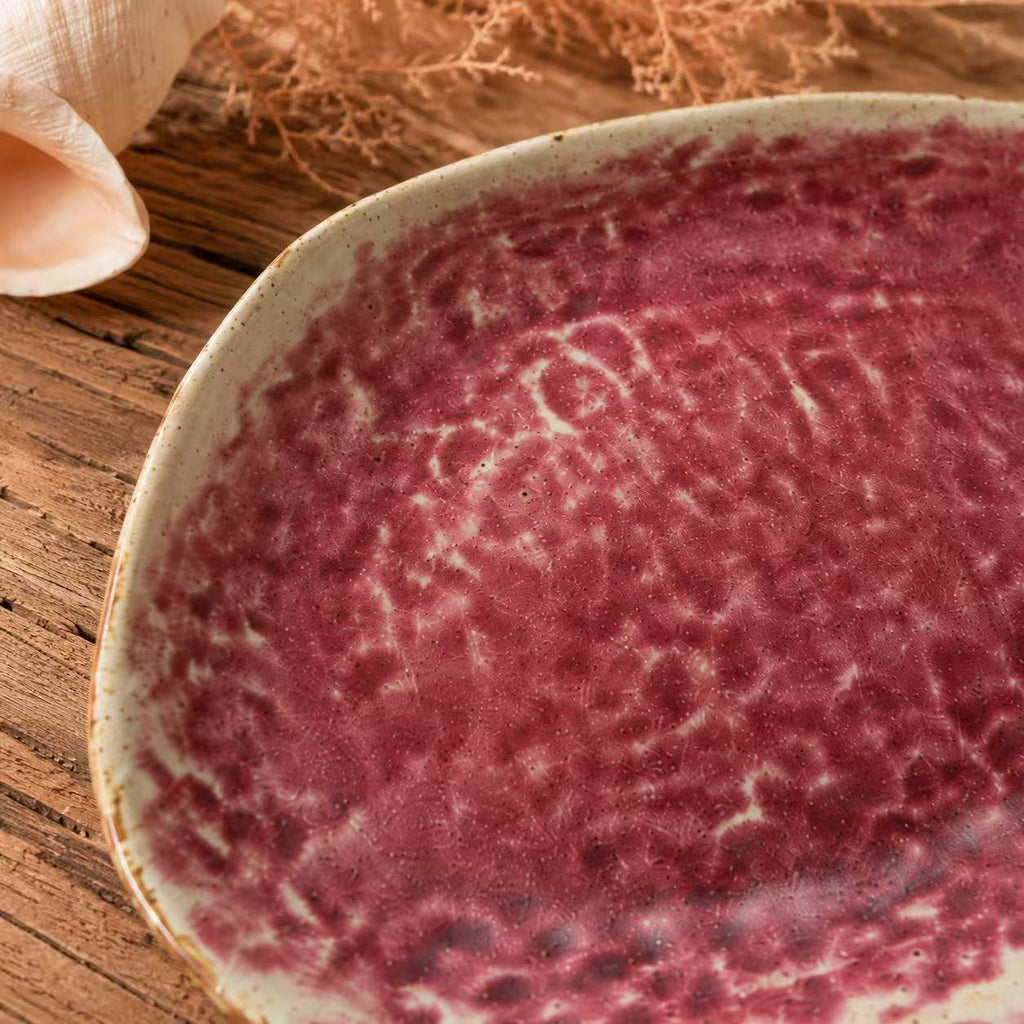 Close-up ceramic texture of coral pink oval plate