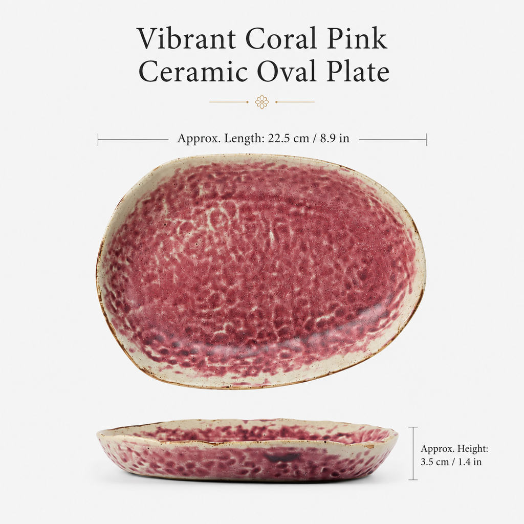 Dimensions of vibrant coral pink ceramic oval plate
