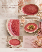 Detailed overview infographic of coral pink ceramic oval plate featuring layered glaze finish, dining styling, and product dimensions