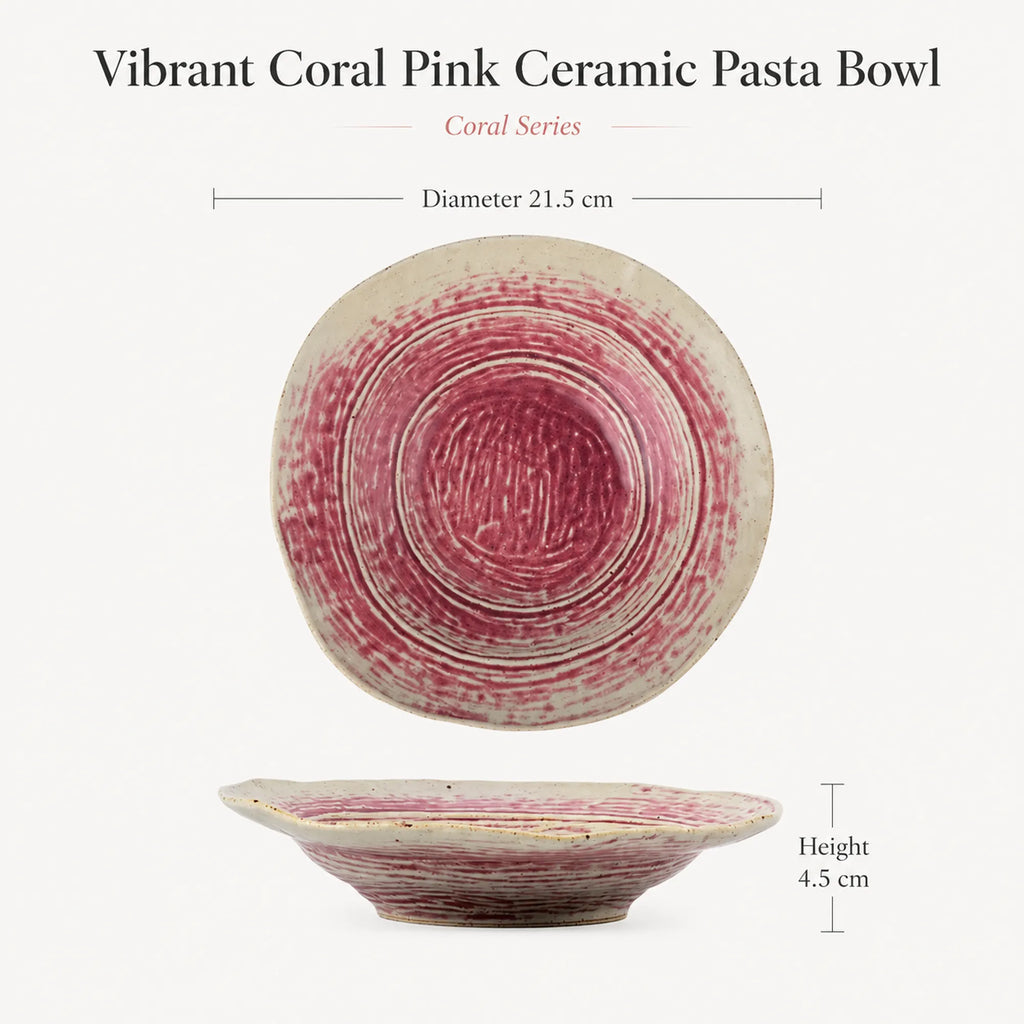 Dimensions of vibrant coral pink ceramic pasta bowl