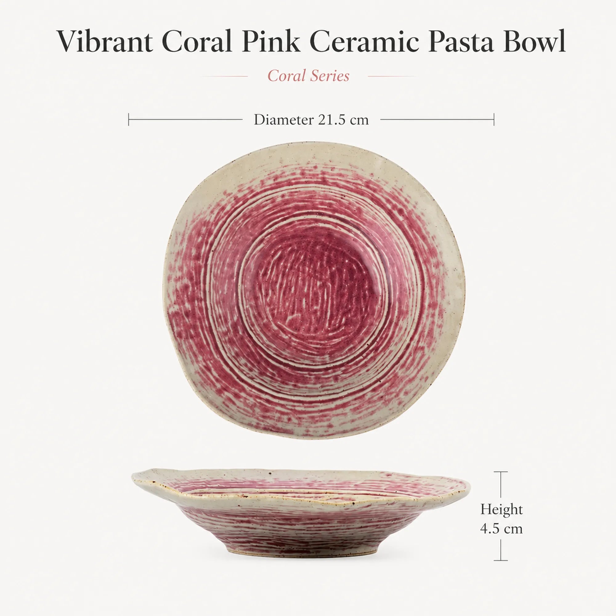 Dimensions of vibrant coral pink ceramic pasta bowl