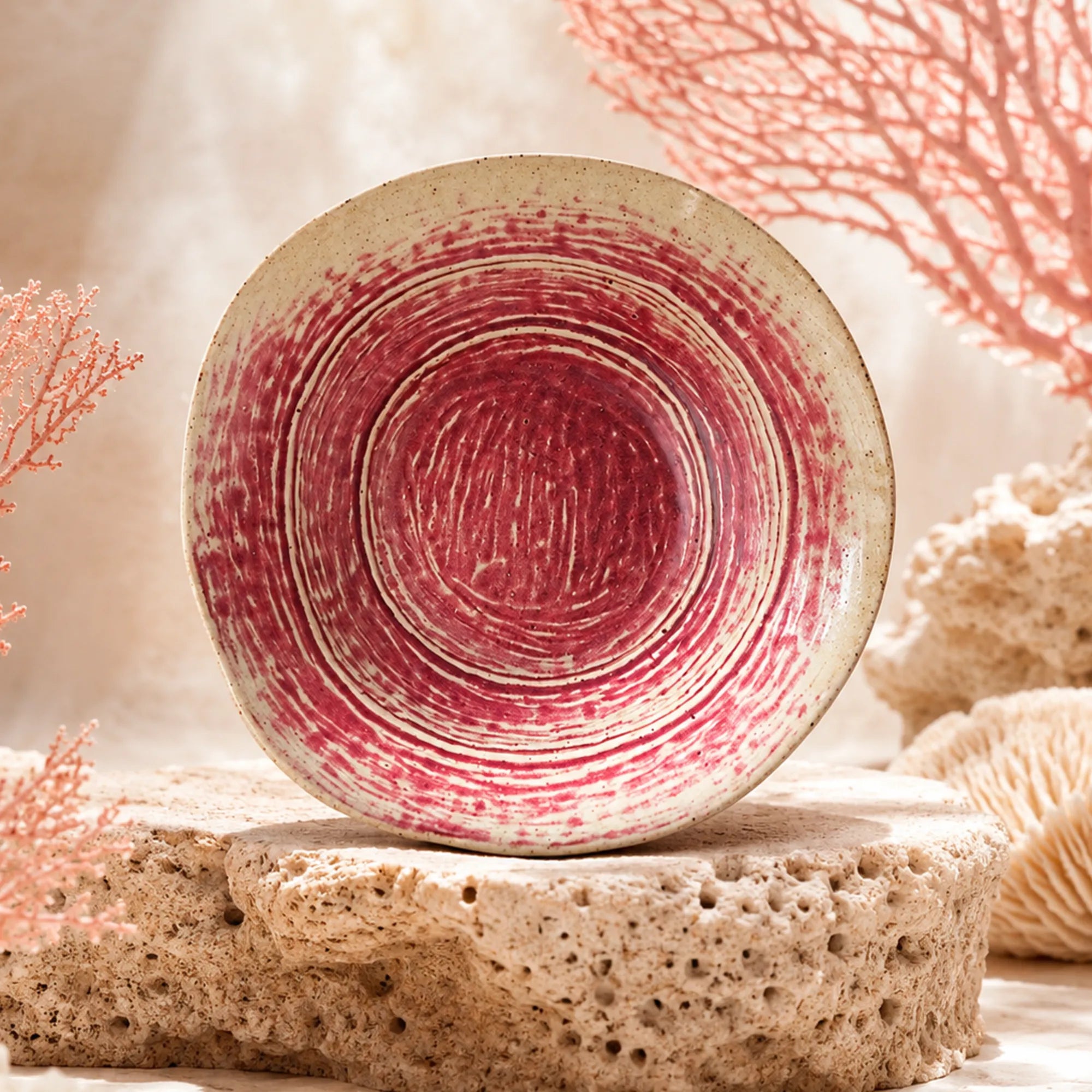 Vibrant coral pink ceramic pasta bowl with smooth glazed finish