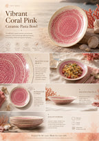 Detailed overview infographic of coral pink ceramic pasta bowl featuring glossy ceramic texture, food presentation, and product dimensions