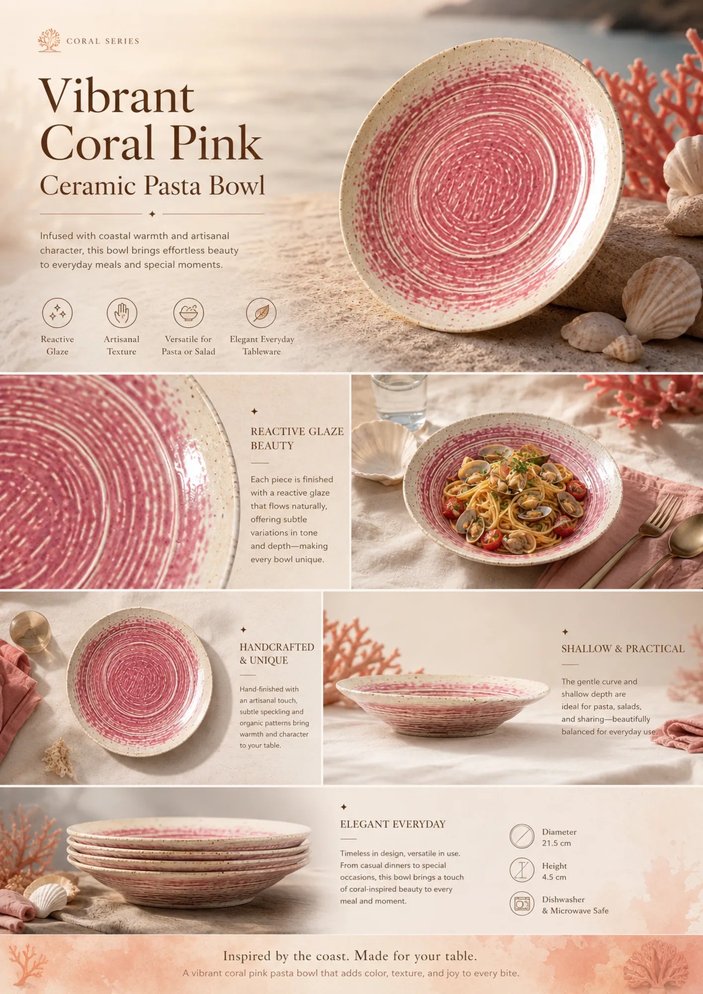 Detailed overview infographic of coral pink ceramic pasta bowl featuring glossy ceramic texture, food presentation, and product dimensions