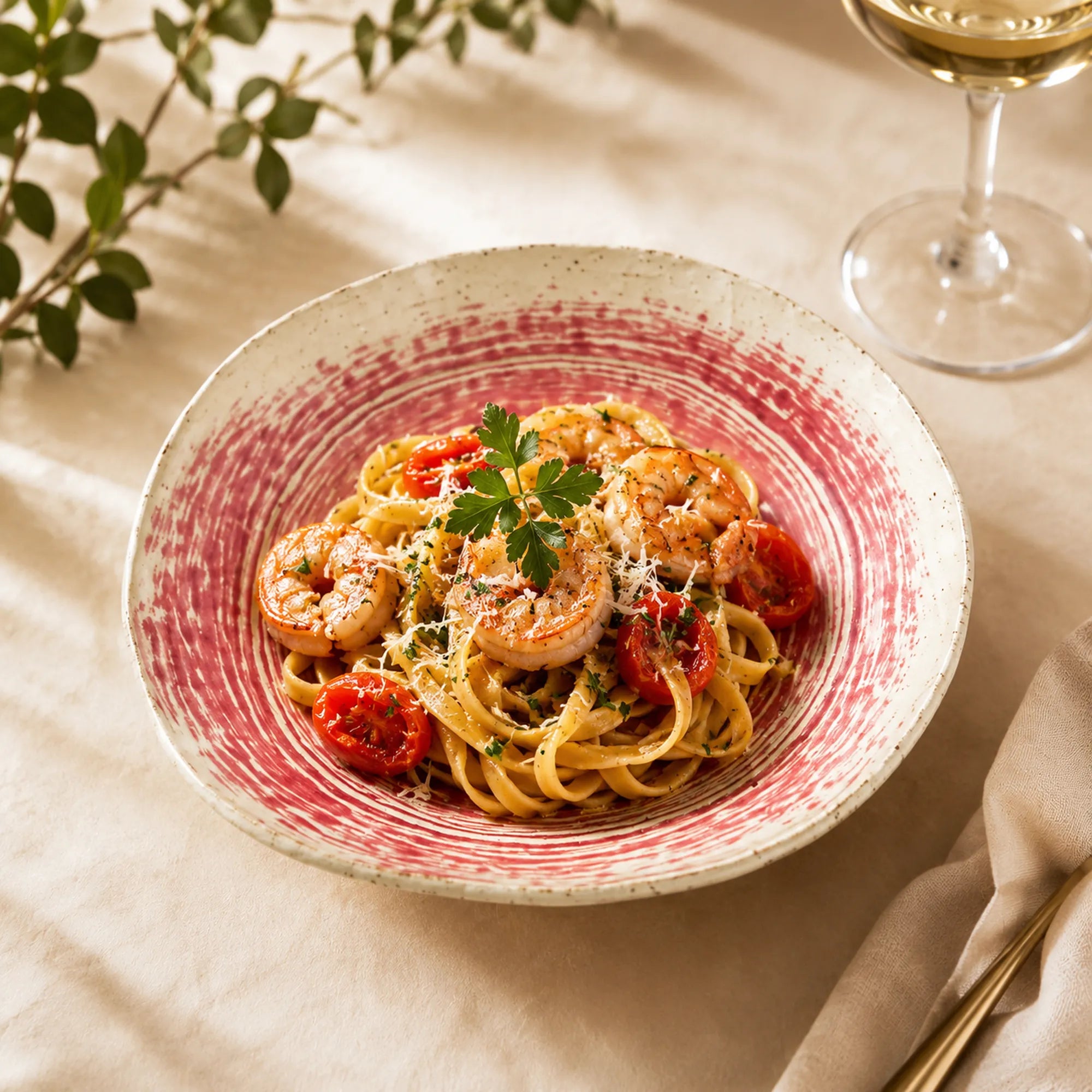Coral pink ceramic pasta bowl styled with pasta