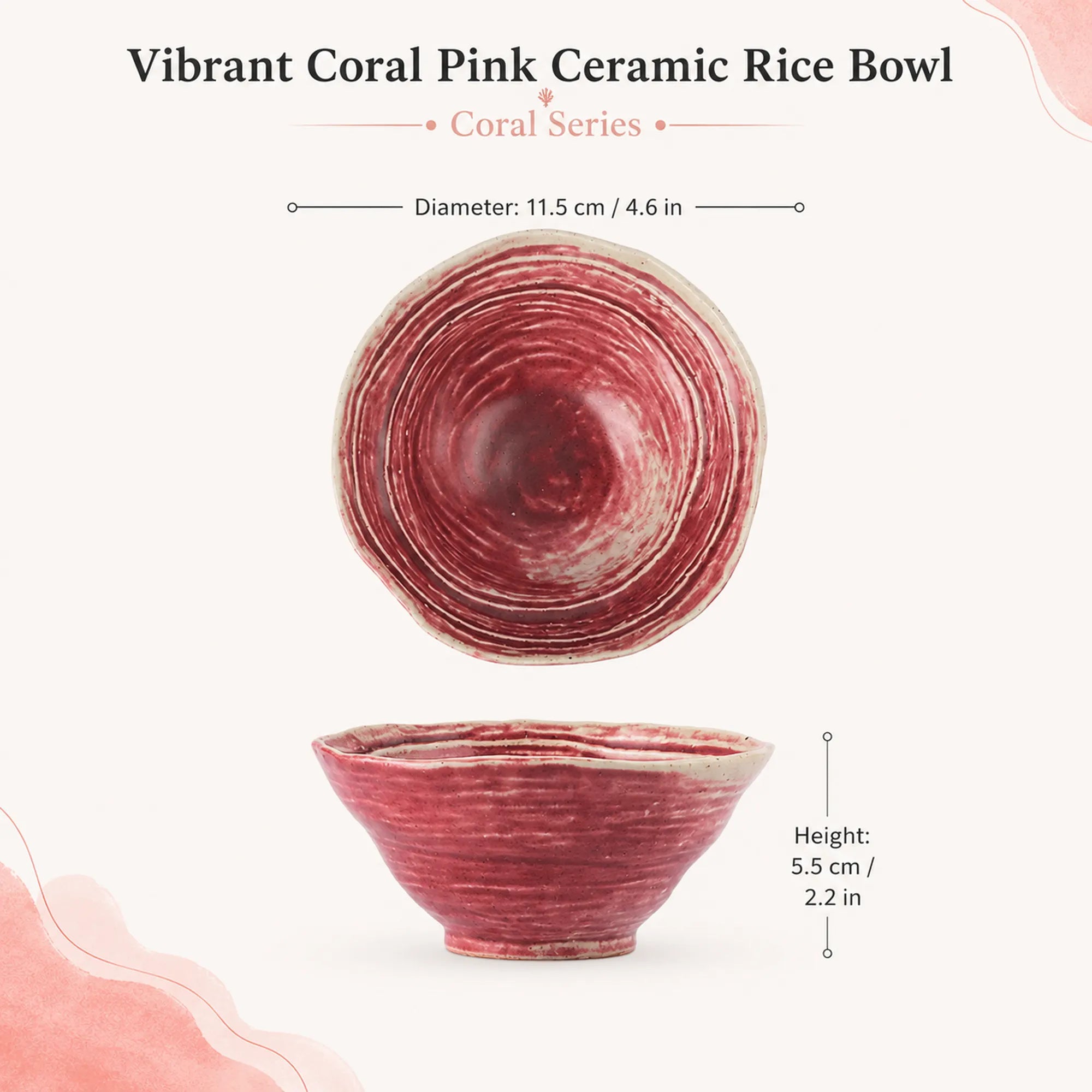 Dimensions of vibrant coral pink ceramic rice bowl