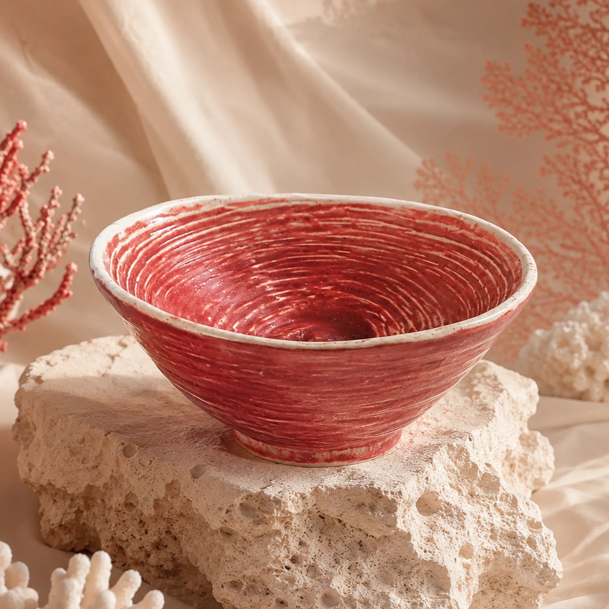 Vibrant coral pink ceramic rice bowl with smooth glaze finish
