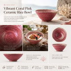 Detailed overview infographic of coral pink ceramic rice bowl featuring glossy ceramic texture, dining atmosphere, and product specifications