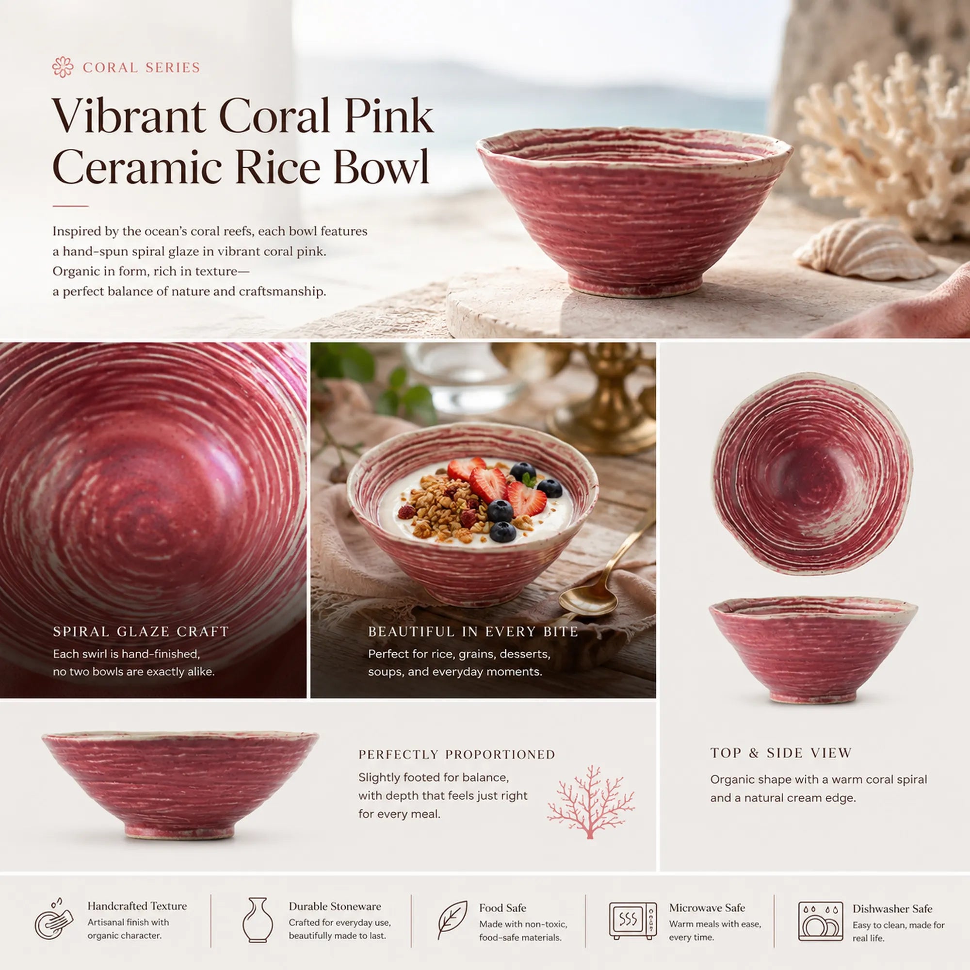 Detailed overview infographic of coral pink ceramic rice bowl featuring glossy ceramic texture, dining atmosphere, and product specifications