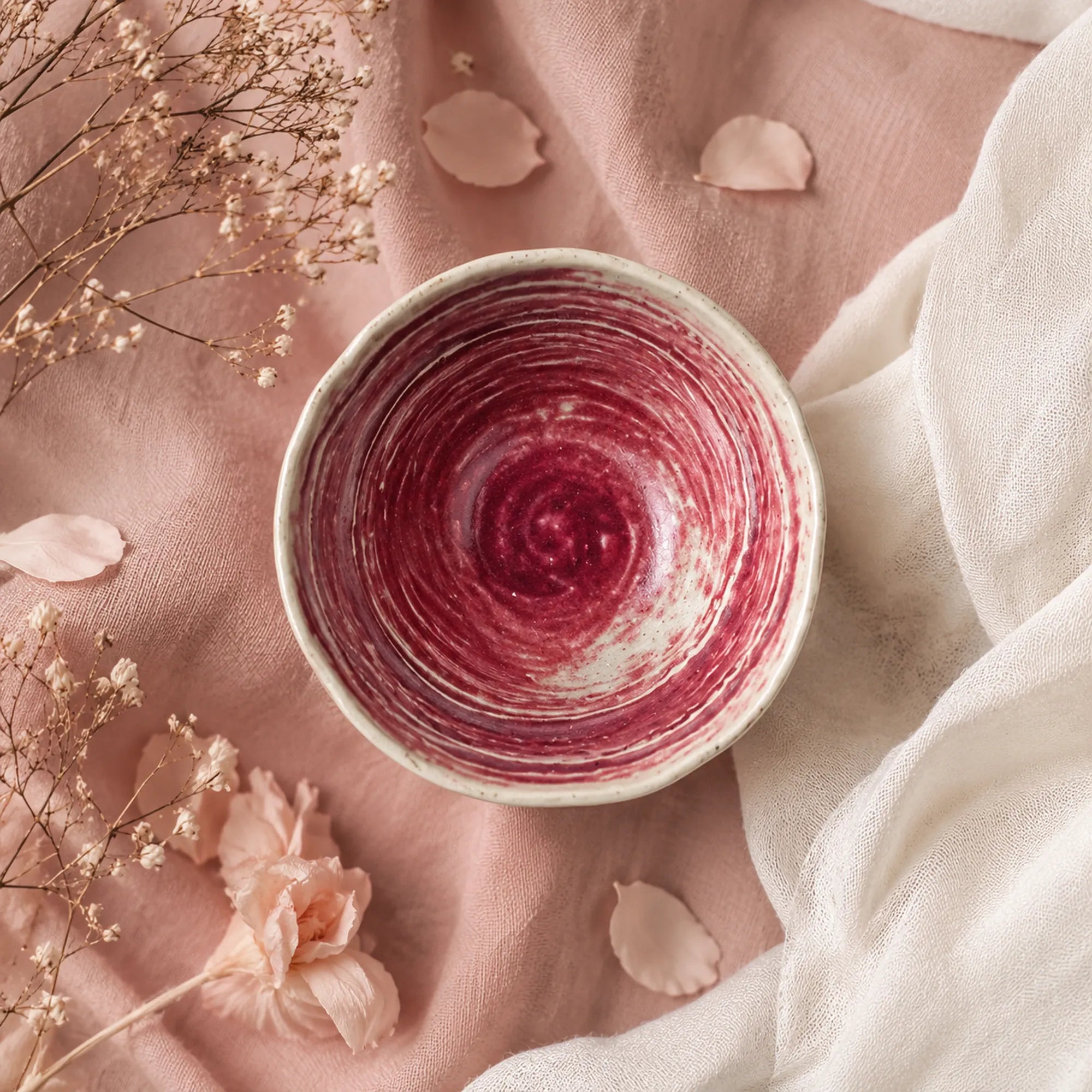 Coral pink ceramic rice bowl styled in a calm dining setting