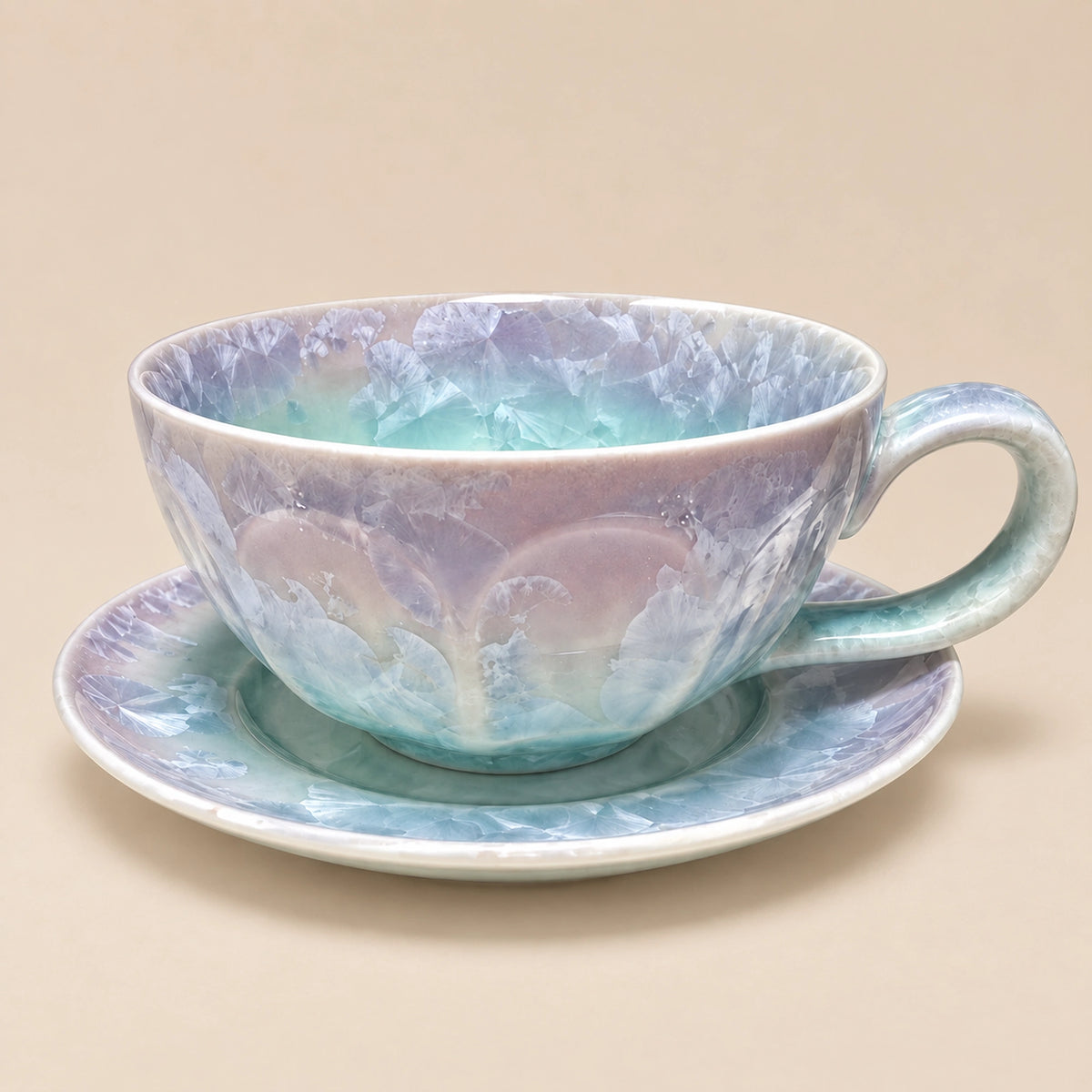 Ceramic tea cup and saucer set in mist lilac, seafoam, and blush pink