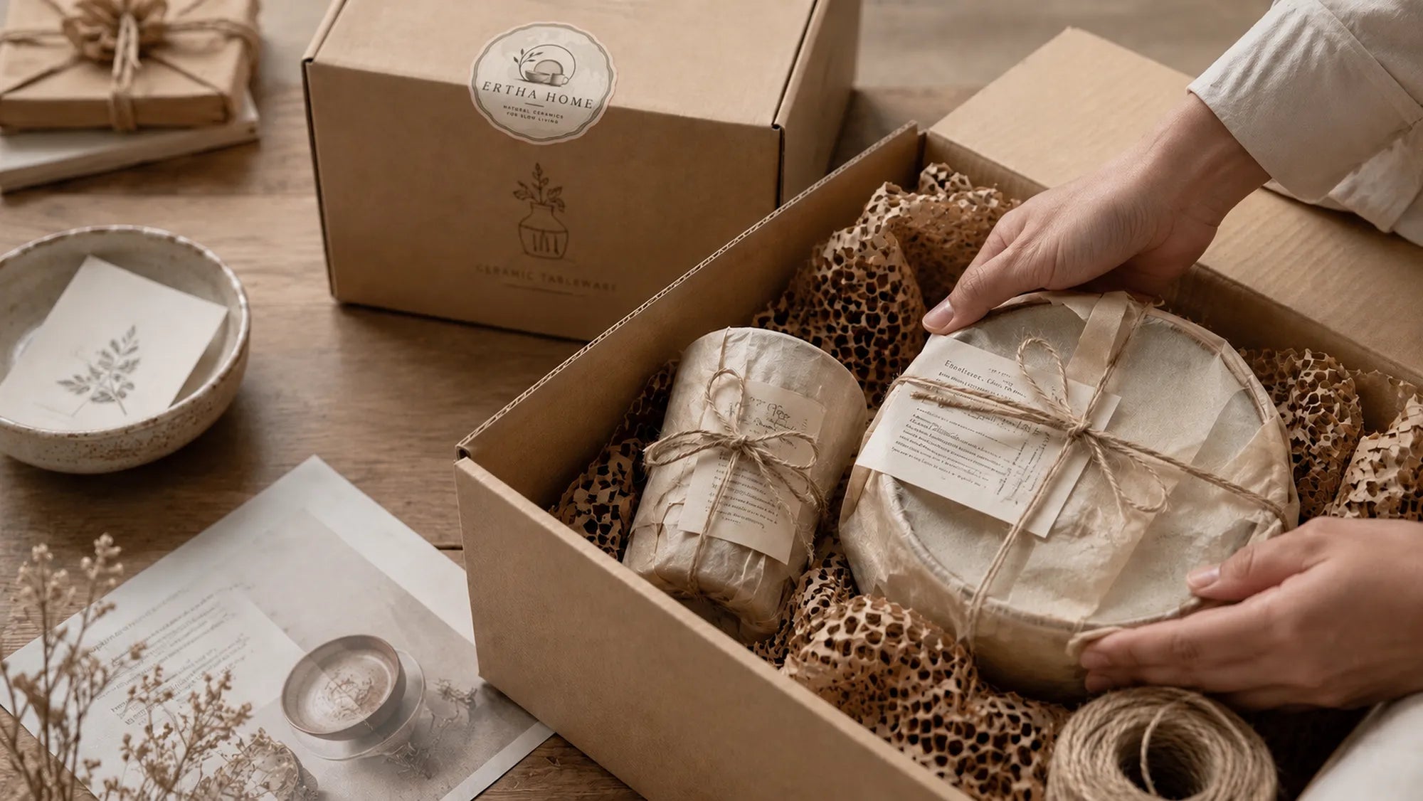 Ceramic tableware carefully wrapped and packaged for safe delivery at Ertha Home