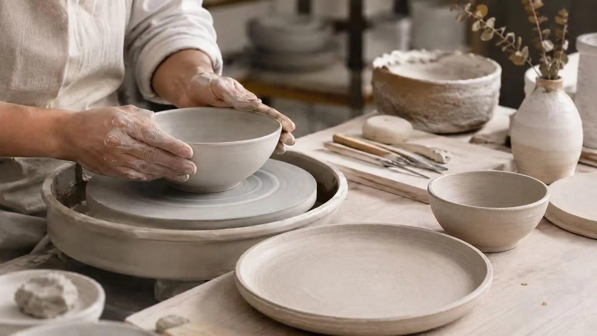Ceramic bowl being carefully shaped during the forming stage of production