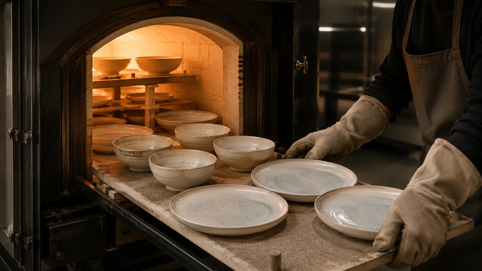 Ceramic tableware undergoing high-temperature kiln firing for strength and durability