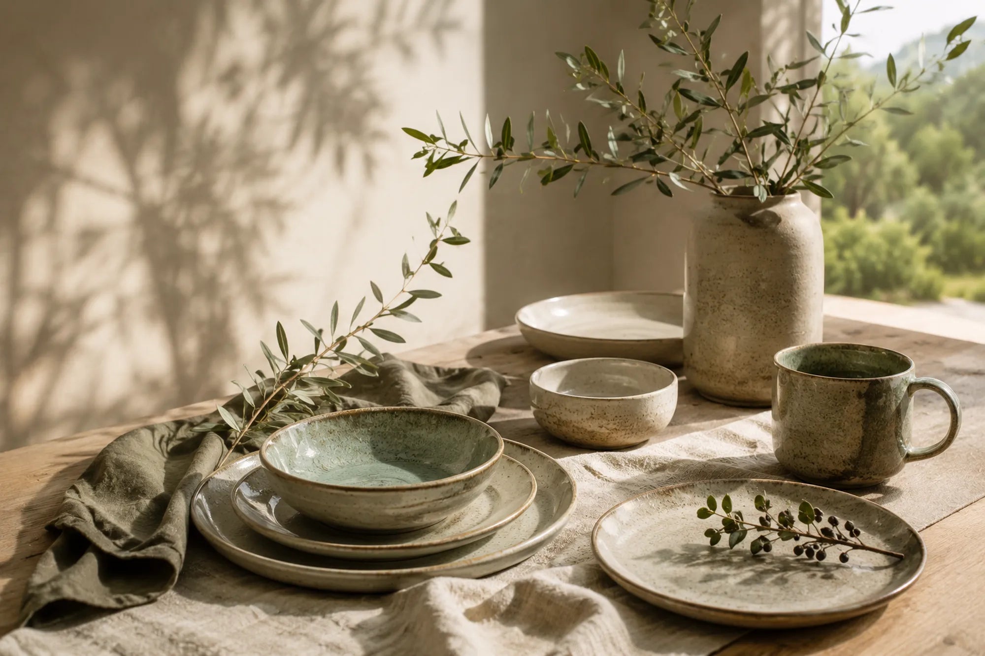 Nature-inspired ceramic tableware styled with earthy textures, natural light and organic elements, reflecting Ertha Home's philosophy of bringing nature into everyday living.