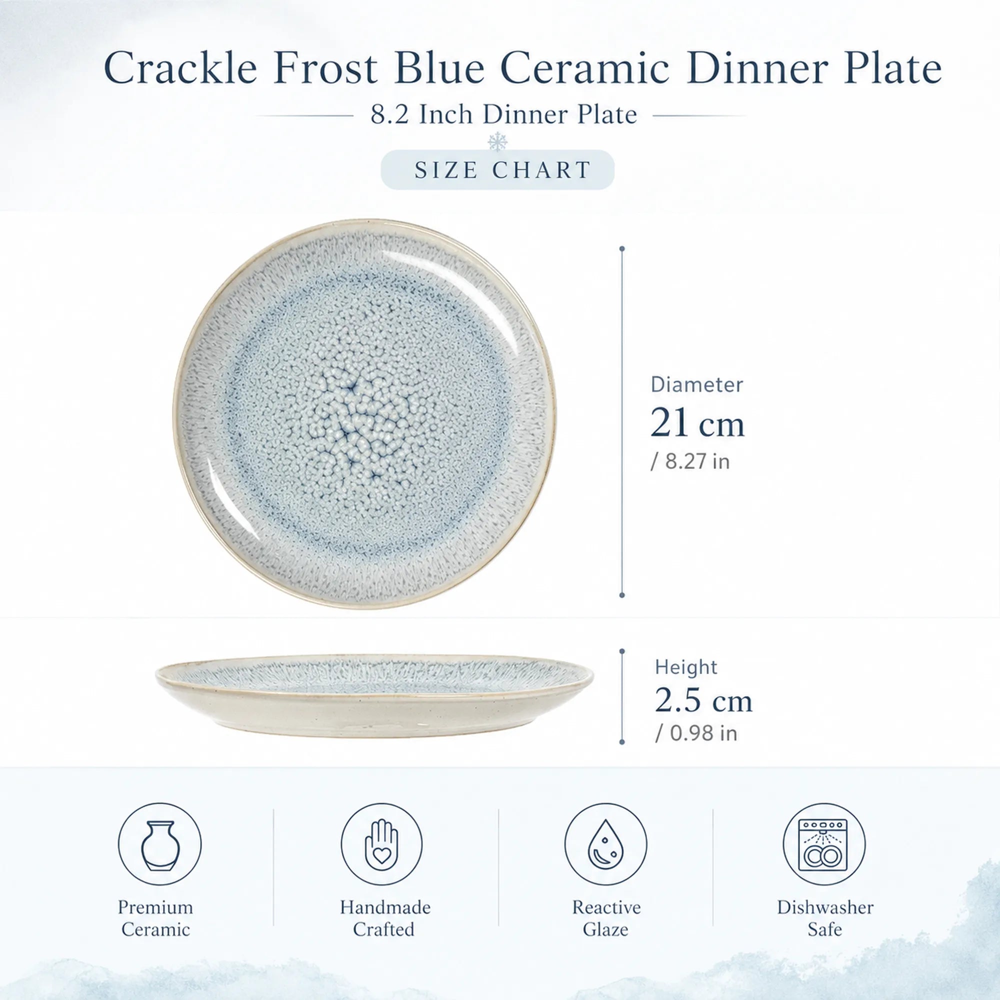 Dimensions of crackle frost blue ceramic dinner plate