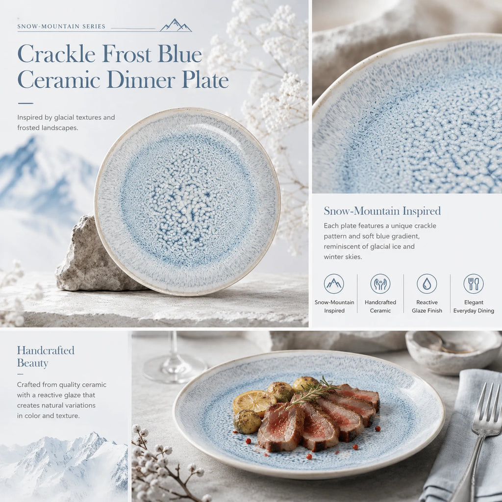 Detailed overview infographic of frost blue ceramic dinner plate featuring layered glaze finish, dining atmosphere, and product specifications