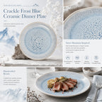 Detailed overview infographic of frost blue ceramic dinner plate featuring layered glaze finish, dining atmosphere, and product specifications