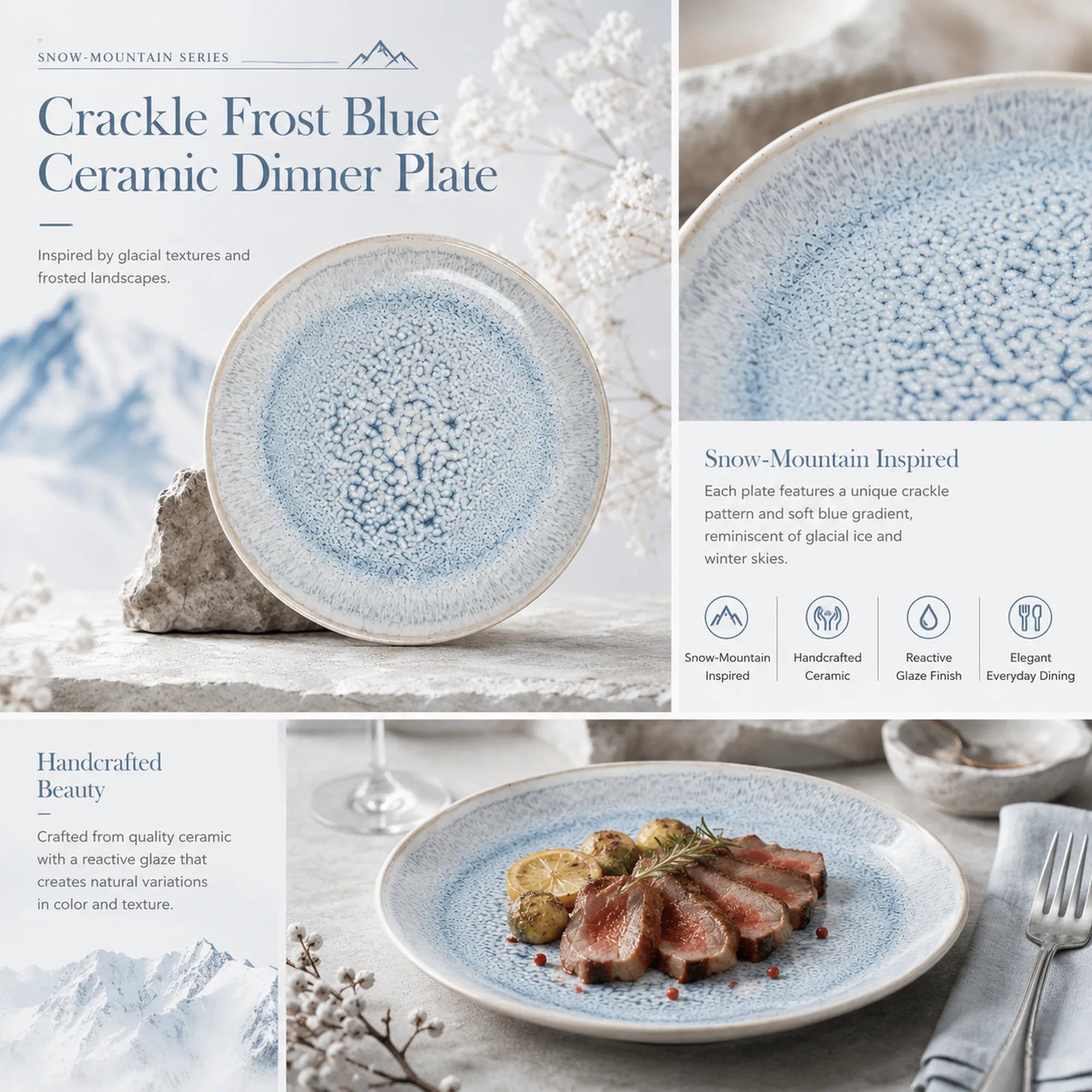 Detailed overview infographic of frost blue ceramic dinner plate featuring layered glaze finish, dining atmosphere, and product specifications
