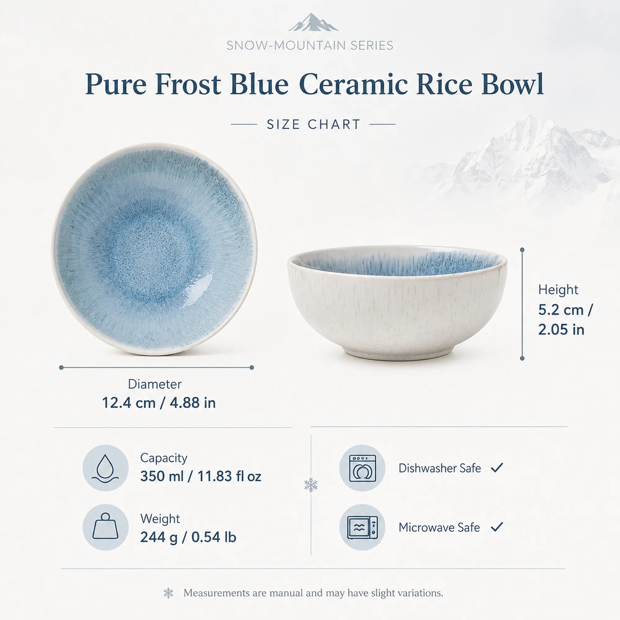 Dimensions of pure frost blue ceramic rice bowl