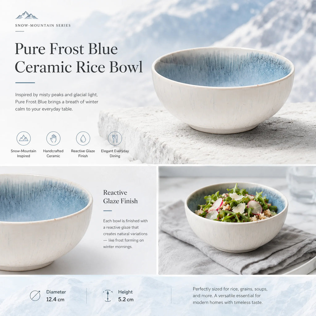 Detailed overview infographic of frost blue ceramic rice bowl featuring reactive glaze finish, dining atmosphere, and product specifications